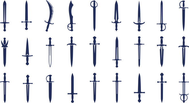 A collection of various medieval swords and daggers on a white background