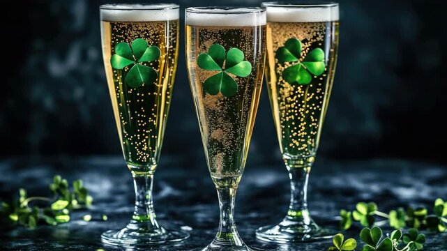 Two green beers with shamrocks floating on top, served in elegant champagne flutes for St Paddy's Day celebration.