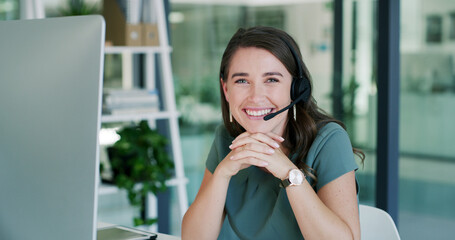 Happy woman, portrait and consultant in call center for customer service or online advice in...