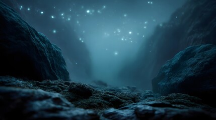 Mysterious deep sea abyss with faint ethereal glowing lights conveying a sense of remote wonder and tranquility