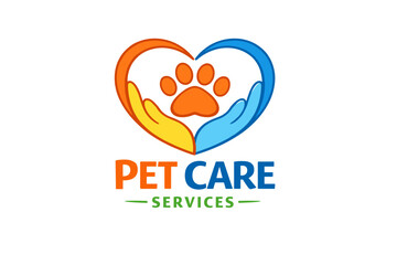 Colorful heart-shaped pet care logo with paw and hands illustration