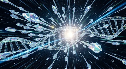 Dynamic 3D illustration of crystal arrows flying towards a DNA helix strand in deep space representing genetic engineering targeted therapy and scientific molecular research