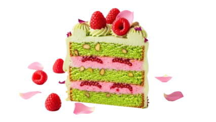 A delicious slice of layered cake adorned with fresh raspberries and rose petals