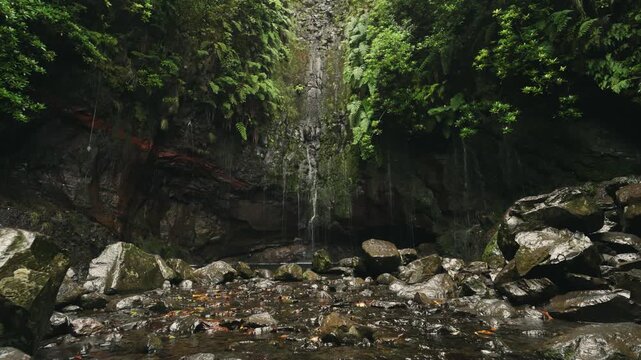 A static, symmetrical shot of the 25 Fontes waterfall in Madeira, filmed from a distance facing directly toward the falls. Flowing water and wet stones appear in the foreground
