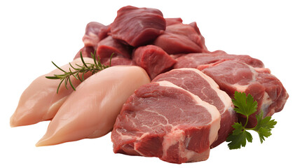 Raw Beef Chunks Steaks Chicken Breasts with Rosemary Parsley Herbs, Fresh Meat Cuts Assortment on transparent background