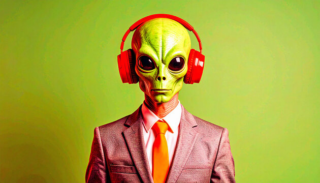 Green alien in business suit wearing red headphones, futuristic sci-fi character portrait for music, technology and creative branding concepts.