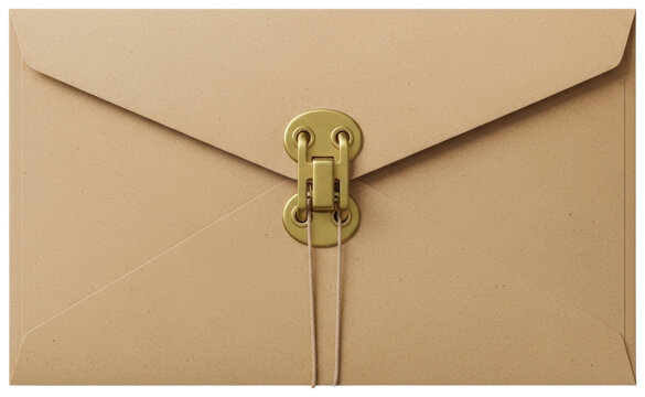 Retro beige envelope with string and washer closure mechanism on a transparent background