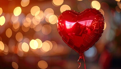 Romantic red heart balloon floats gracefully amidst a warm, sparkling bokeh of golden lights, symbolizing love and celebration