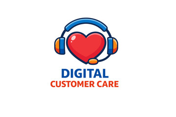Digital customer care emblem with heart and headset