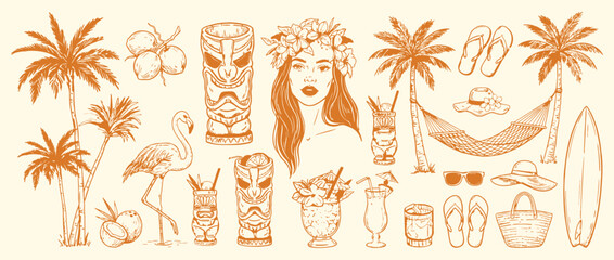 Tropical summer Hawaii doodle set with exotic hand drawn vector travel illustrations, paradise island kit featuring beach party objects, ocean rest line art and traditional Polynesian woman © RIO TOO