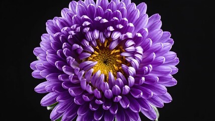 A captivating macro closeup shot of a vibrant purple aster flower bud slowly beginning to unfurl its delicate petals against a stark black background showcasing the intricate beauty of natures awaken.