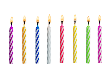 Set of colorful birthday candles with flames isolated on transparent background. Multicolored candles for design birthday themes.