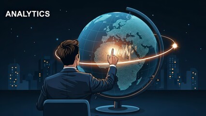 Businessman Interacting with a Digital Globe for Global Analytics.