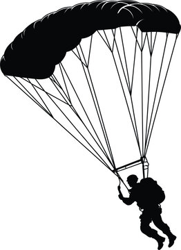 Military skydiver silhouette with parachute, paratrooper jumping vector illustration, extreme sports skydiving icon, naval aviation.
