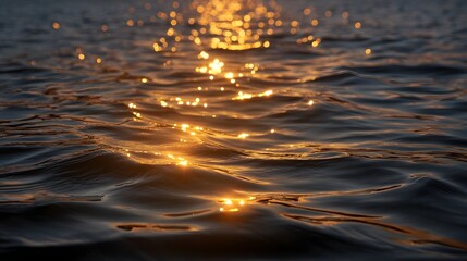 Golden sunlight sparkles and shimmers on the undulating surface of dark water creating mesmerizing ripples and reflections