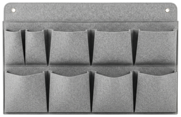 Grey felt wall hanging organizer with multiple storage pockets on a transparent background