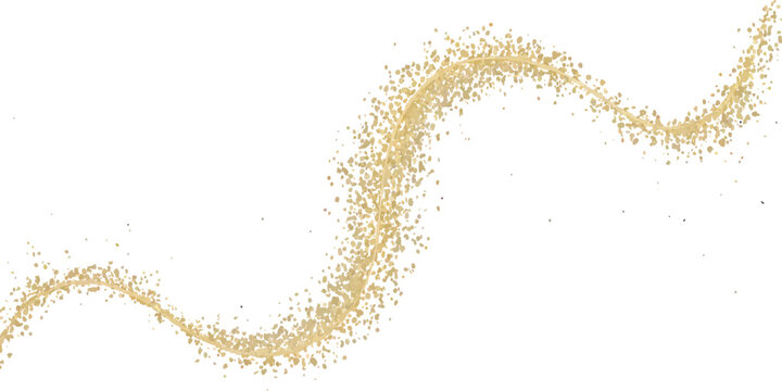 Sparkling golden dust trail creating an abstract wave on white background. Abstract glittering golden sparkle texture background with shiny wave. Golden glitter dust trail abstract light effect.