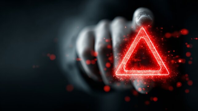 Urgent warning alert triggered by glowing red triangle symbol with glowing particles on dark background, indicating danger or critical alert.