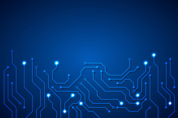 Abstract blue circuit board with glowing lines and nodes on dark background, symbolizing technology and connectivity.