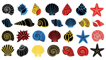 Sea Icon Vector Set – Stylized Shells, Starfish, Marine Symbols in Bold Colors for Beach Decor, Ocean Education, and Nautical Graphic Design Projects
