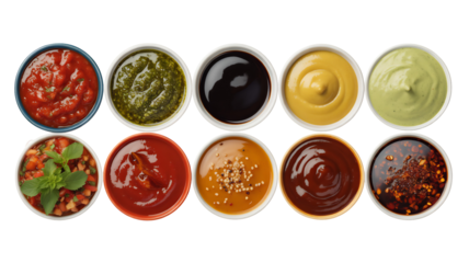 A top down view of many different colorful dipping sauces in small white bowls, isolated on transparent background