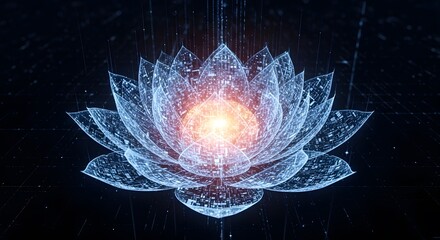 Futuristic glowing digital lotus flower made of blue circuit board patterns with a bright orange light core representing artificial intelligence technology and spiritual enlightenment
