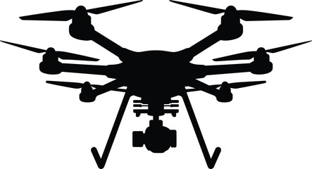 Black hexacopter drone silhouette with high resolution camera for professional aerial photography and cinematic video filming.