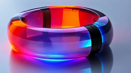 A colorful glowing ring rotates, showcasing its vibrant hues and smooth surface.