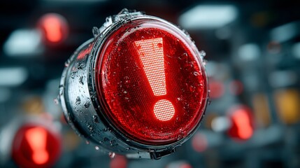 Urgent alert flashing red exclamation mark on a wet, metallic industrial sensor, signaling danger or critical warning in a modern, high-tech environment