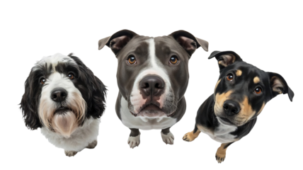 Three different breed dogs looking up intently with curious expressions from below, isolated on transparent background