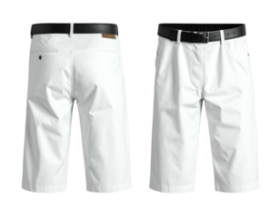 Crisp white tailored shorts with black belt, front and back view