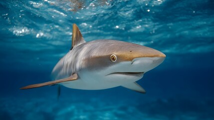 Obraz premium A shark glides through clear blue ocean water with sunlight creating ripples on the surface