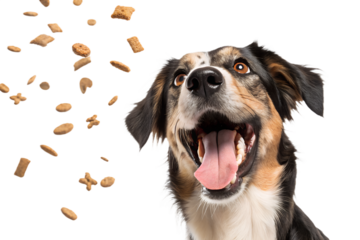 Ultra realistic dog portrait, close-up, dog with mouth open and tongue clearly visible, playful and excited expression, trying to catch falling dry dog food, many kibble pieces scattered in the air ar