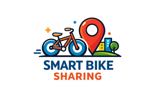 Smart bike sharing logo with location pin and urban cityscape elements