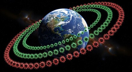 Global pandemic concept illustration with rings of green and red virus cells orbiting planet earth in space representing worldwide infectious disease transmission and health crisis