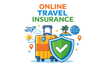 Online travel insurance with suitcase and shield icon for secure vacation planning