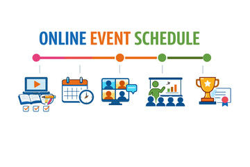 Colorful online event schedule icons with virtual and interactive elements
