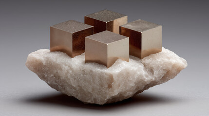 Metallic bronze cubes on white crystal mineral formation, abstract geometric composition for modern design concept
