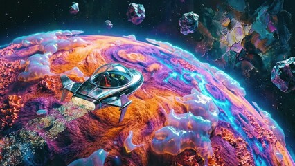 Spacecraft flying above a vibrant alien planet with sparkling dust trail. Cosmic journey and exploration concept for futuristic travel