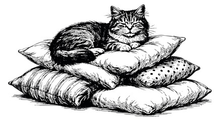 Hand drawn line art illustration of a cat resting on a pile of pillows depicting peaceful sleep for home comfort