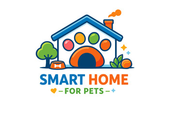 Fototapeta na wymiar Smart home for pets logo with colorful paw print and house design