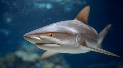 A serene shark glides gracefully through clear blue underwater waters its fin prominent against a blurred background