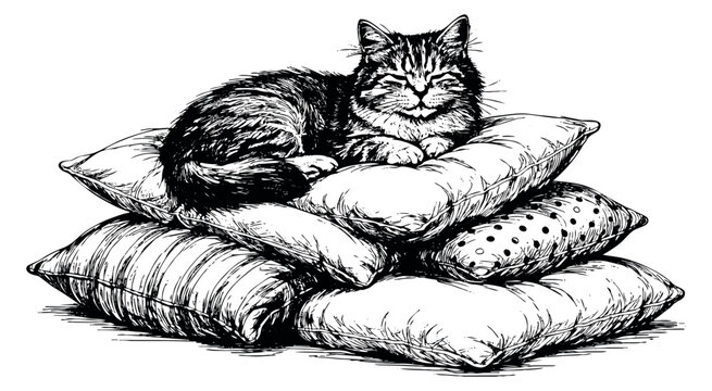Hand drawn line art illustration of a cat resting on a pile of pillows depicting peaceful sleep for home comfort