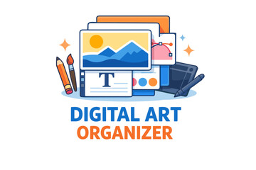 Digital art organizer graphic with tools and devices for creative professionals