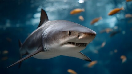 Fototapeta premium A majestic shark with sharp teeth glides through clear blue ocean water with small fish swimming in the background