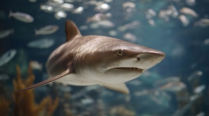 Majestic shark with open mouth swimming underwater amidst a school of fish in a marine environment