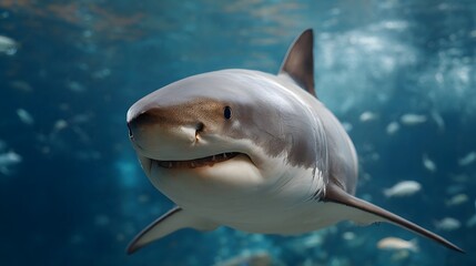 Close up of a majestic great white shark swimming in clear blue ocean water with schools of fish in the background