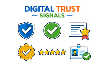 Digital trust signals: icons representing security, verification, and quality assurance