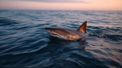 A majestic shark swims near the surface of the ocean during twilight its dorsal fin cutting through the calm blue water