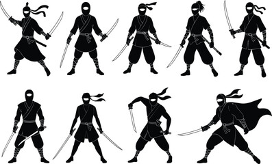 Collection Of Japanese Ninja Warrior Silhouette Characters Holding Katana Swords For Martial Arts Design Vector.
